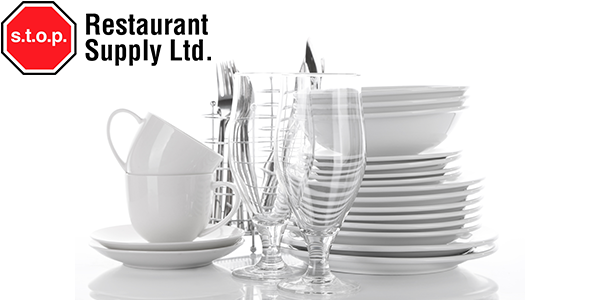 Cups plates and cutlery with stop restaurant supply logo